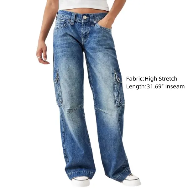 Flamingals Wash Stitch Detail Flap Pocket Low Rise Straight Leg Jeans Fit Denim straight leg jeans Blue Casual Chic