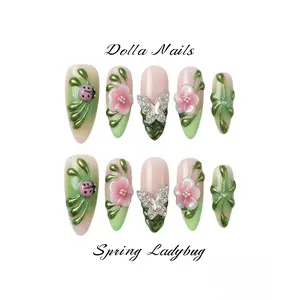 100% Handmade 3D Almond Press-On Nails, Reusable Fake Nails with Green & Ladybug Flower Design, Holographic Style, Green & Chic Style, Luxury & Rhinestone, Neutral Nails, Spring Sakura Nails, Vacation Nails, Salon-Quality Manicure for Daily Wear