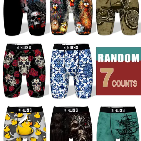 RANDOM-7PCS,Men's 7-Pack Long Underwear, Moisture-Wicking, Anti-Chafing, Quick-Dry, Sporty, Halloween Prints, Printed Boxer Briefs, Comfortable, All Seasons