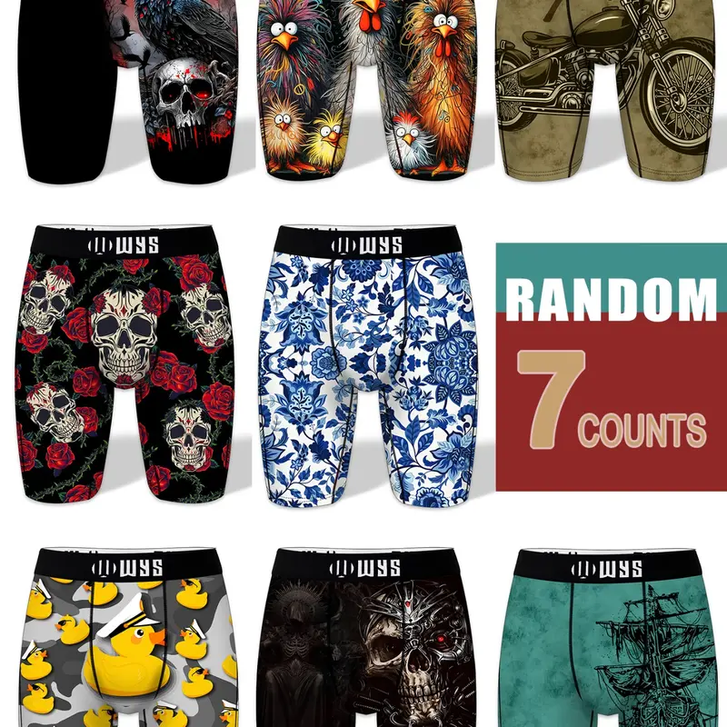 RANDOM-7PCS,Men's 7-Pack Long Underwear, Moisture-Wicking, Anti-Chafing, Quick-Dry, Sporty, Halloween Prints, Printed Boxer Briefs, Comfortable, All Seasons