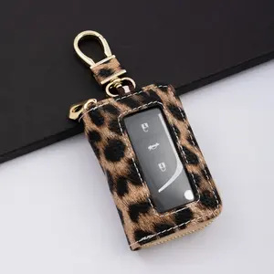 Leopard Print Soft PU Leather Car Key Holder Case – Universal Zipper Key Organizer with Window, Keychain Wallet Car Key Protector cover Leather Car Key Case Interior Car Accessories