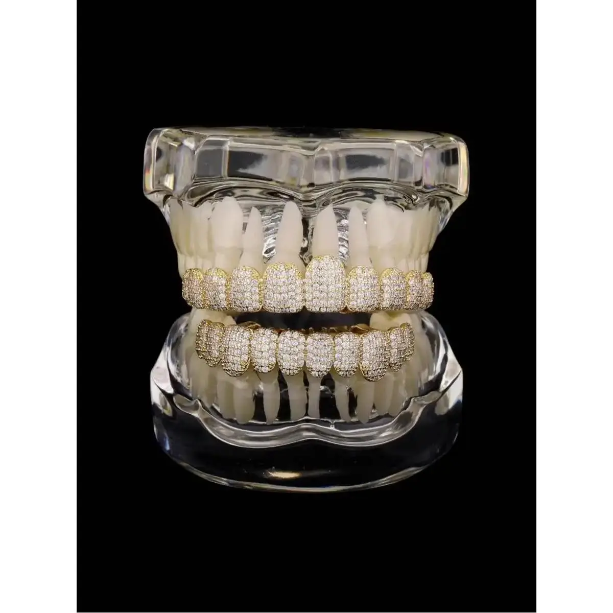 Hiphop Teeth Grillz, 2-Piece Gold-Plated Metallic Set with Micro-Paved Simulated Diamonds, Punk Rapper-Style Costume Jewelry Charm Accessory, Teeth Accessory, Dental Accessory