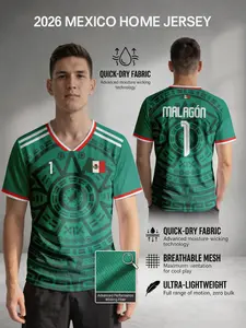 2026 Mexico Soccer Jersey, Aztec Print, Men's Quick-Dry National Team Fan T-Shirt, Lightweight Sportswear Top, All Seasons Casual Style