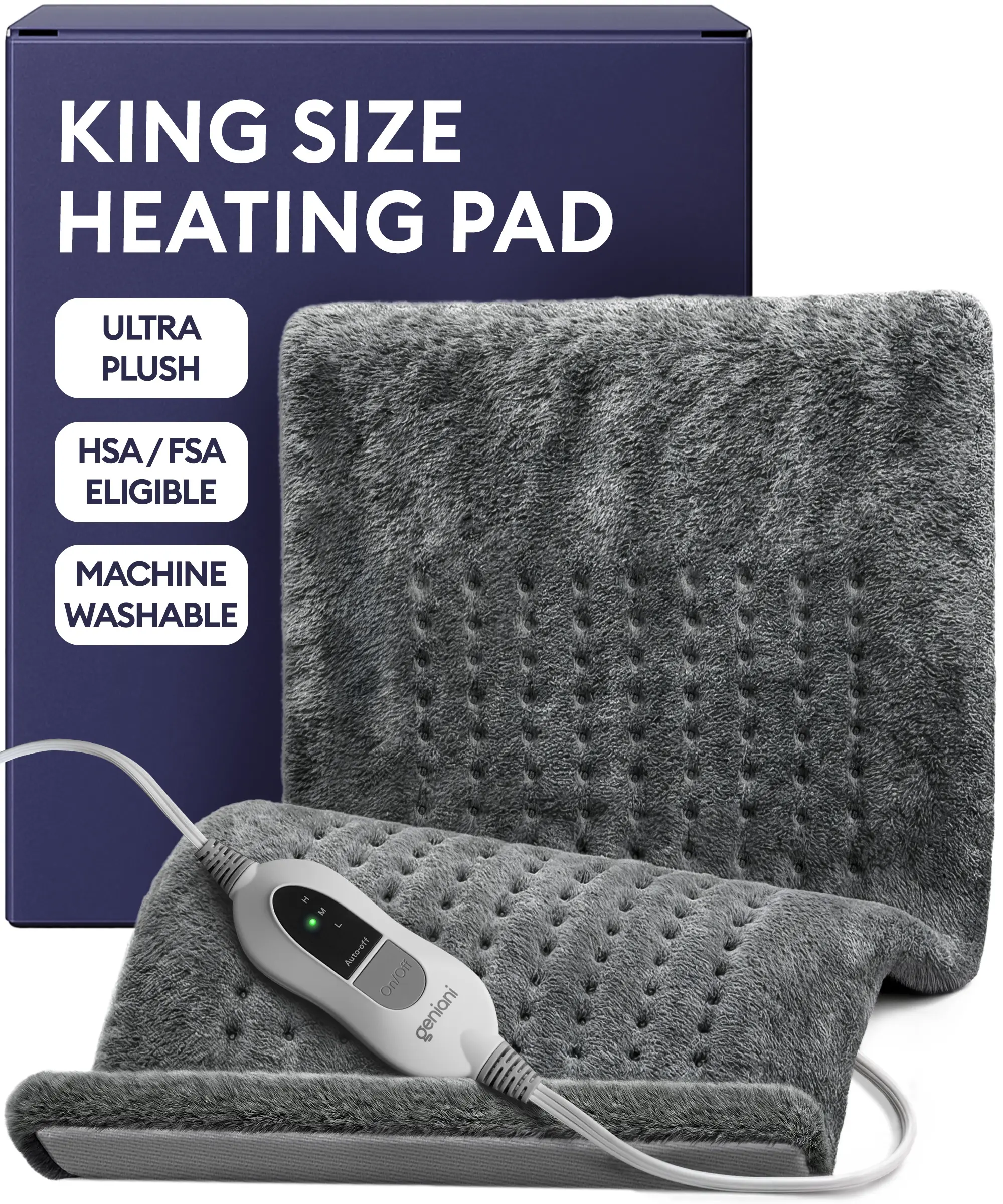 Geniani XL Electric Heating Pad (12"x24") - Soft Plush Heated Blanket, 3 Heat Levels, Auto Shut Off, Machine Washable for Back & Shoulders, Heating Pad for Cramps Relief