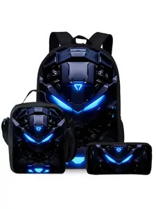 Robot-themed three-piece backpack set, including a printed backpack, lunch bag, pencil case, and backpack, School Backpack