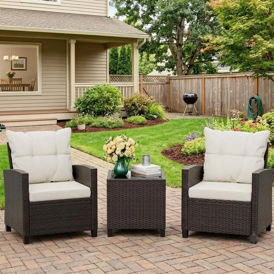 Walsunny 3 Pieces Patio Furniture Set, Outdoor Rattan Wicker Conversation Sofa Set w/Washable Cushion and Glass Tabletop for Garden Poolside Balcony