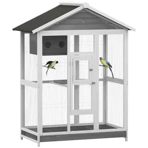 64.5" Wooden Bird Cage Aviary, Flight Cage with 4 Perches, Nest and Slide-Out Tray for Indoor/Outdoor