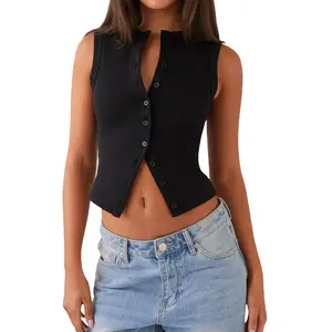 Women's Solid Color Button-Down Sleeveless Crop Top - Basic Polyester Vest for Casual Summer Streetwear, Crop Tops