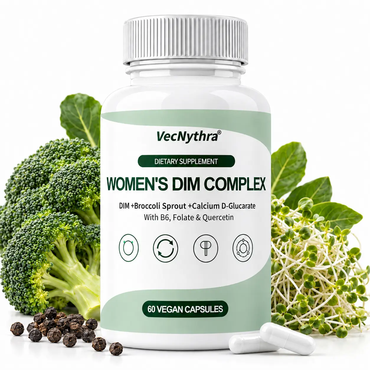 VecNythra 200mg DIM Dietary Supplement for Women - Natural 7-in-1 Blend, Daily Hormone Balance & Antioxidant Support with Calcium D-Glucarate, Broccoli Sprout Extract, Quercetin, Vitamin B6, Folate, 60 Capsules, Prop 65 Safe