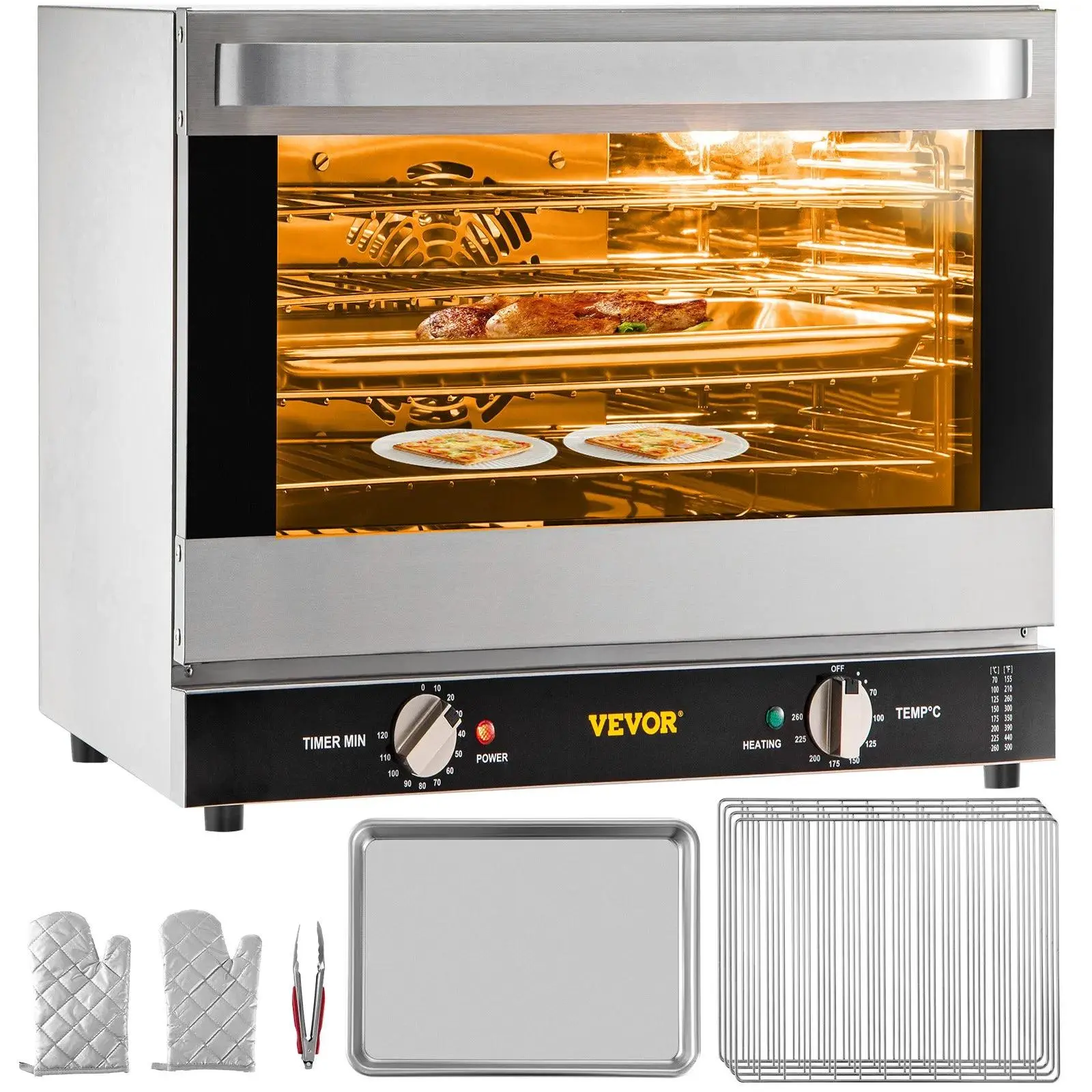 【Summerfinds】VEVOR Commercial Convection Oven, 66L/60Qt, Half-Size Conventional Oven Countertop, Used for heating pre-prepared fast food, Electric Baking Oven with Trays Wire Racks Clip Gloves, 120V, ETL Listed