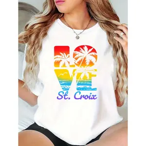 Women’s White LOVE St. Croix T-Shirt with Palm Trees & Beach Scene, Summer Beach Vacation Casual Top for Beach Enthusiasts 100% Cotton T-shirt