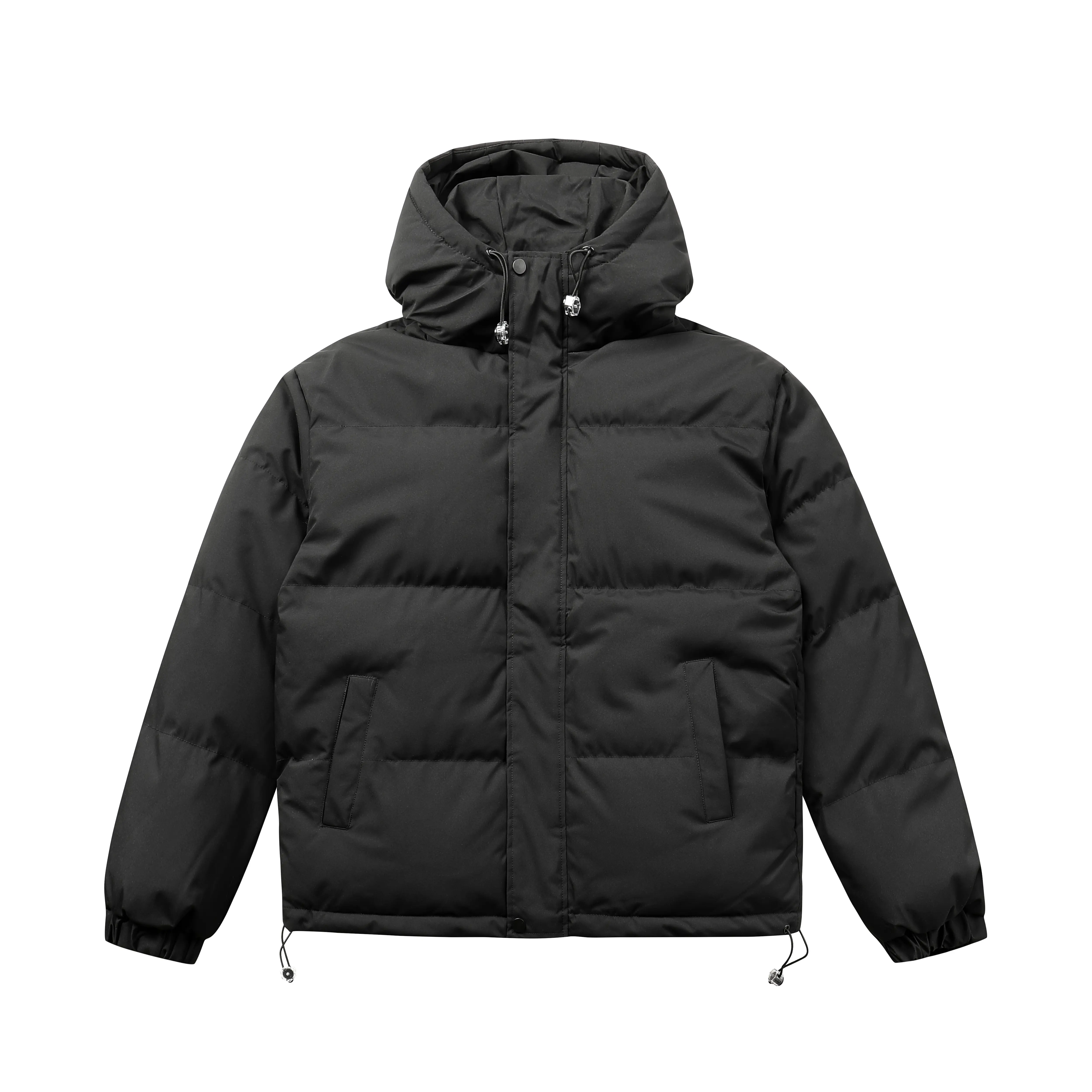 Men's Oversized Streetwear Puffer Jacket, Solid Color Hooded Polyester Winter Coat with Thickened Zipper and Patch Pockets