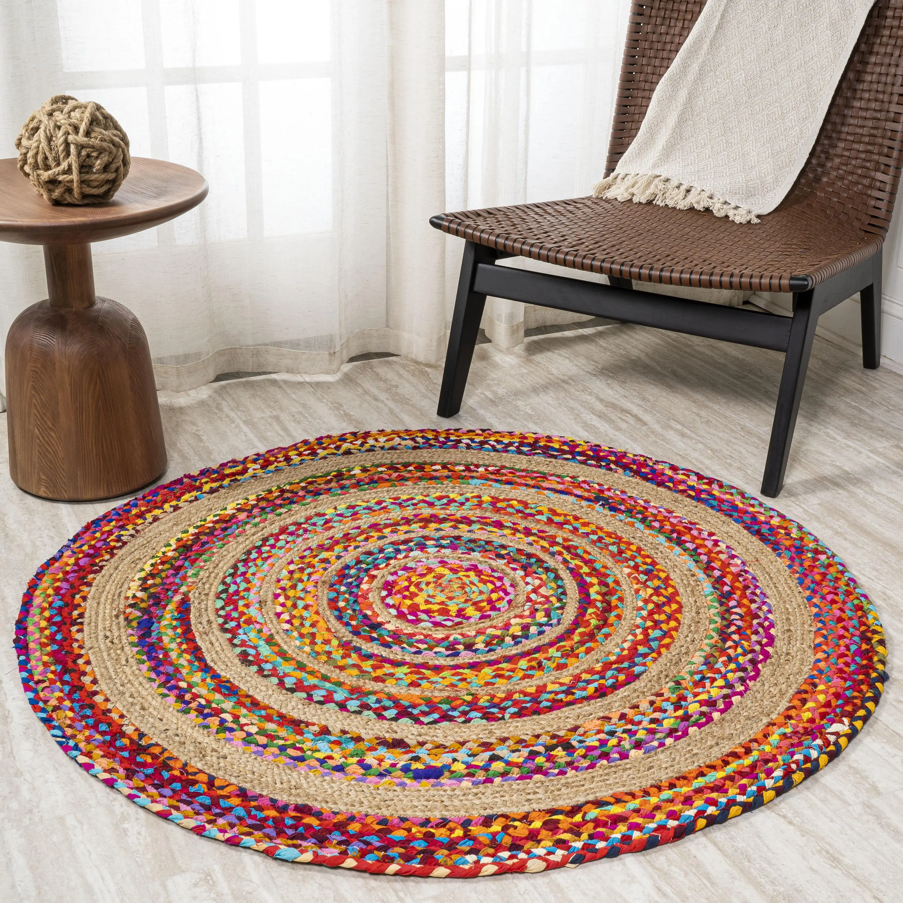 JONATHAN Y Isla Round Bohemian Style Flatweave Braided Rows Jute Cotton Indoor Area Rug - Decorative Rug with Boho Touch for Living Room, Bedroom, Multi-Size Living Room Decor, Indoor Areas