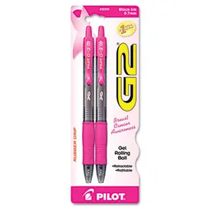 Pilot G2 31331 Pink Ribbon Retractable Gel Ink Pen - Black Ink, Fine Point, 2-Pack Office Writing Tool