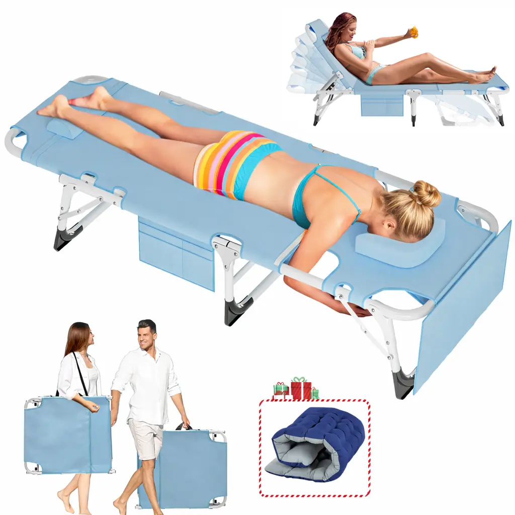 ABORON Sun Tanning Chair, Beach Chair 5-Position Lounge Chair Adjustable Heavy Duty Patio Folding Chaise for Outdoor Poolside Lawn Camping with Mattress tiktokshopbacktoschool