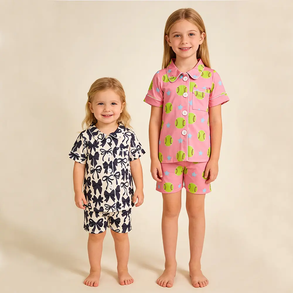Toddler Girls' 2-Piece Buttons Front Pink Short-Sleeve Pajama Set - Polyester Blend Summer Casual Lounge Wear with Softball Print, Two-Pieces