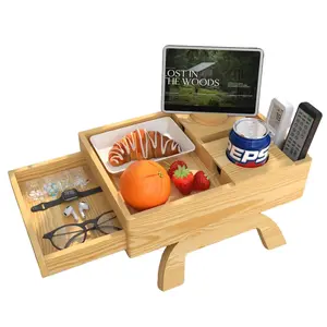 YOWOS 7-in-1 Sofa Arm Tray Table - 2-Tier Natural Pine Wood Couch Organizer with Push-Pull Drawer & 360° Swivel Phone Stand - Foldable Non-Slip Armrest Tray for Drinks & Snacks - Space-Saving Sofa Side Table for Home Office Living Room