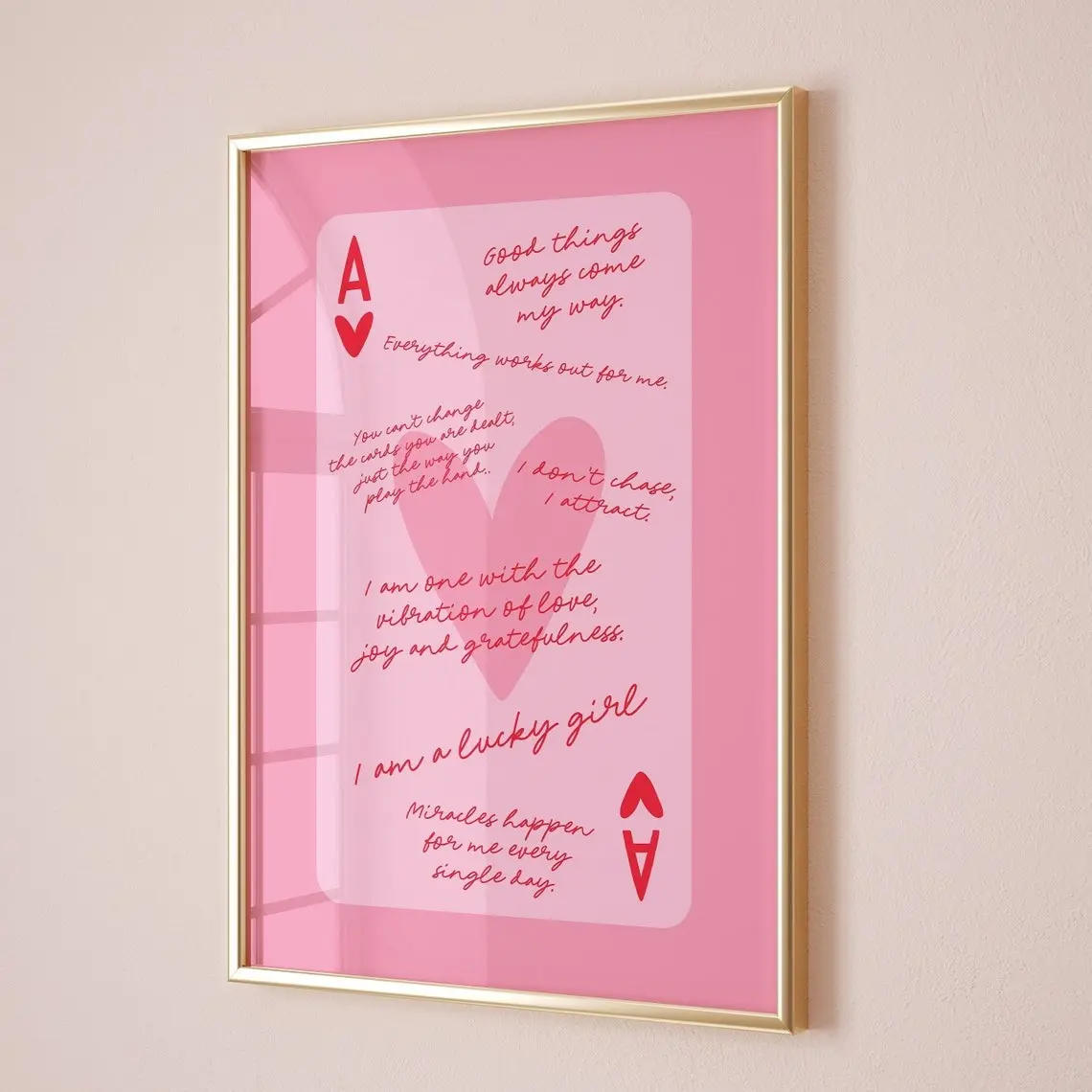 lucky girl syndrome ace of hearts card aesthetic poster trendy wall art pink and red prints retro bar cart art preppy funky apartment decor