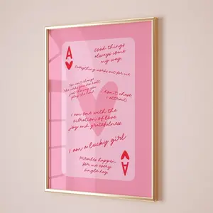 lucky girl syndrome ace of hearts card aesthetic poster trendy wall art pink and red prints retro bar cart art preppy funky apartment decor