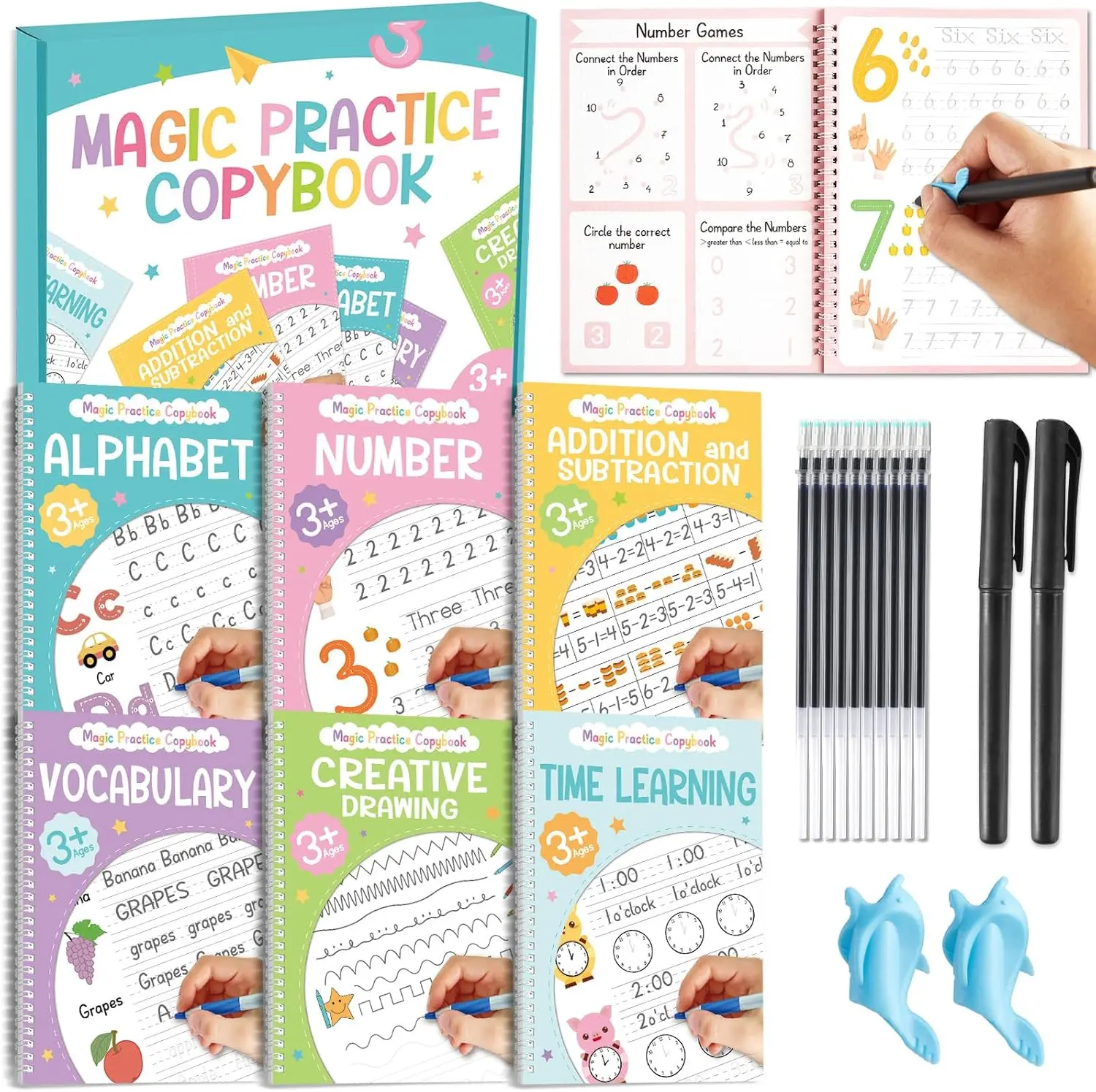 6 Pack Magic Grooved Writing Practice Books with Disappearing Ink Pens Reusable Magical Handwriting Workbooks for Kids Calligraphy Practice Books for Preschool Kindergarten Kids Ages 3-8