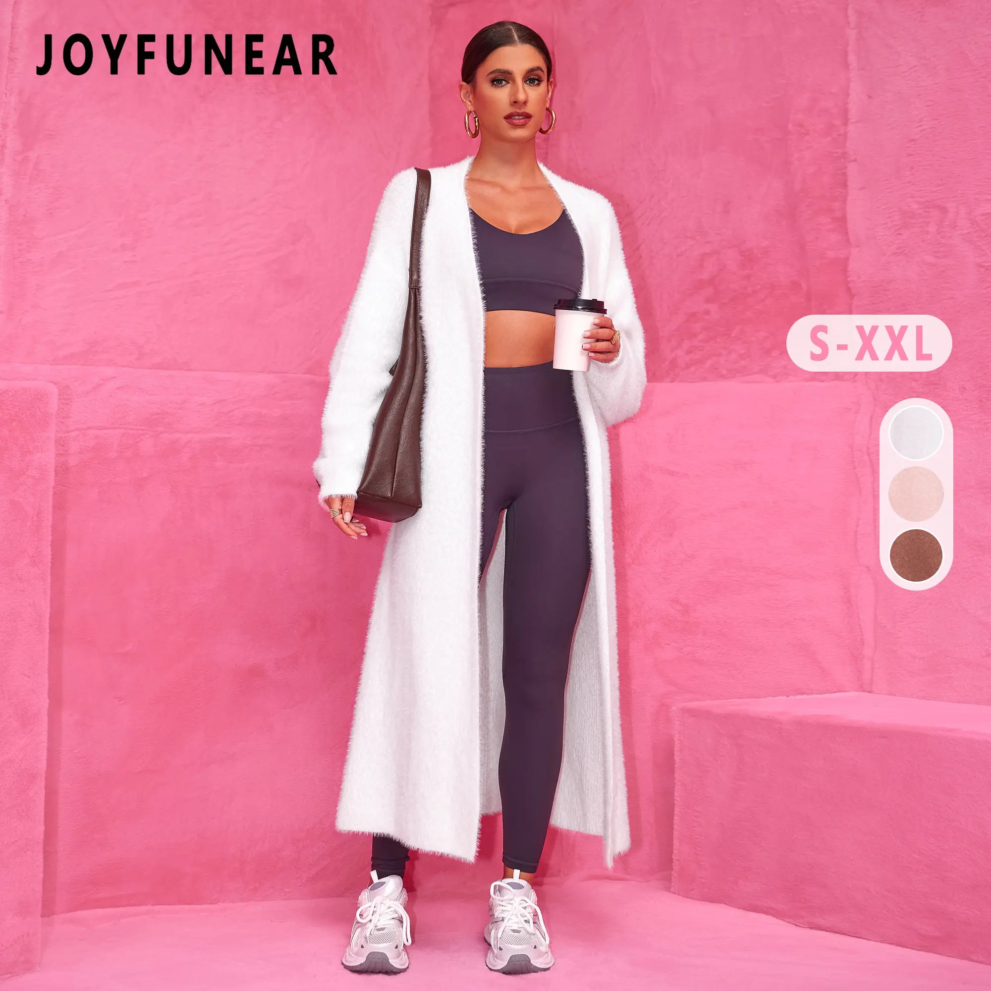 Joyfunear Women's Casual Long Knit Cardigan - Faux Fur Coats with Long Sleeves & Solid Color Design for Winter Wear