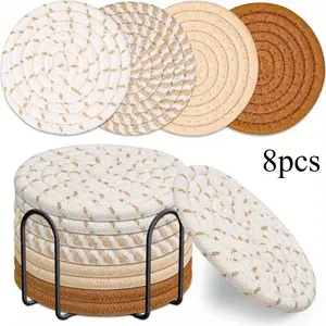 8 Pcs Drink Coasters with Holder, Minimalist Cotton Woven 4 Colors Absorbent Coaster Set for Home Decor Tabletop Protection Suitable for Kinds of Cups