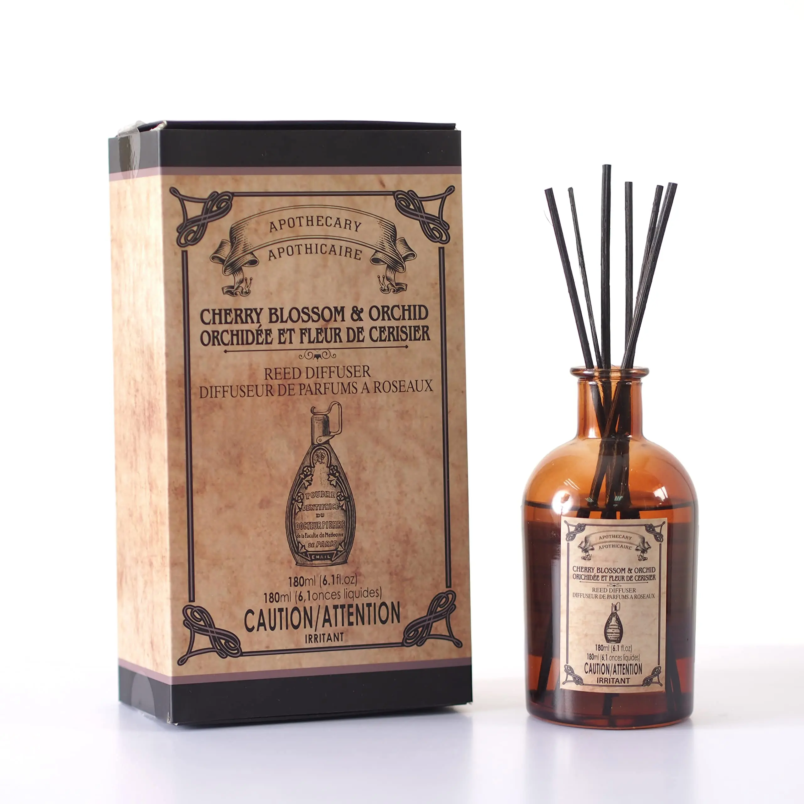 Apothecary Glass Reed Diffuser - Cherry Blossom & Orchid, Sandalwood Myrrh, Black Pomegranate - 180 ml - Elegant Glass Bottle with Ceramic Detail & Natural Reeds