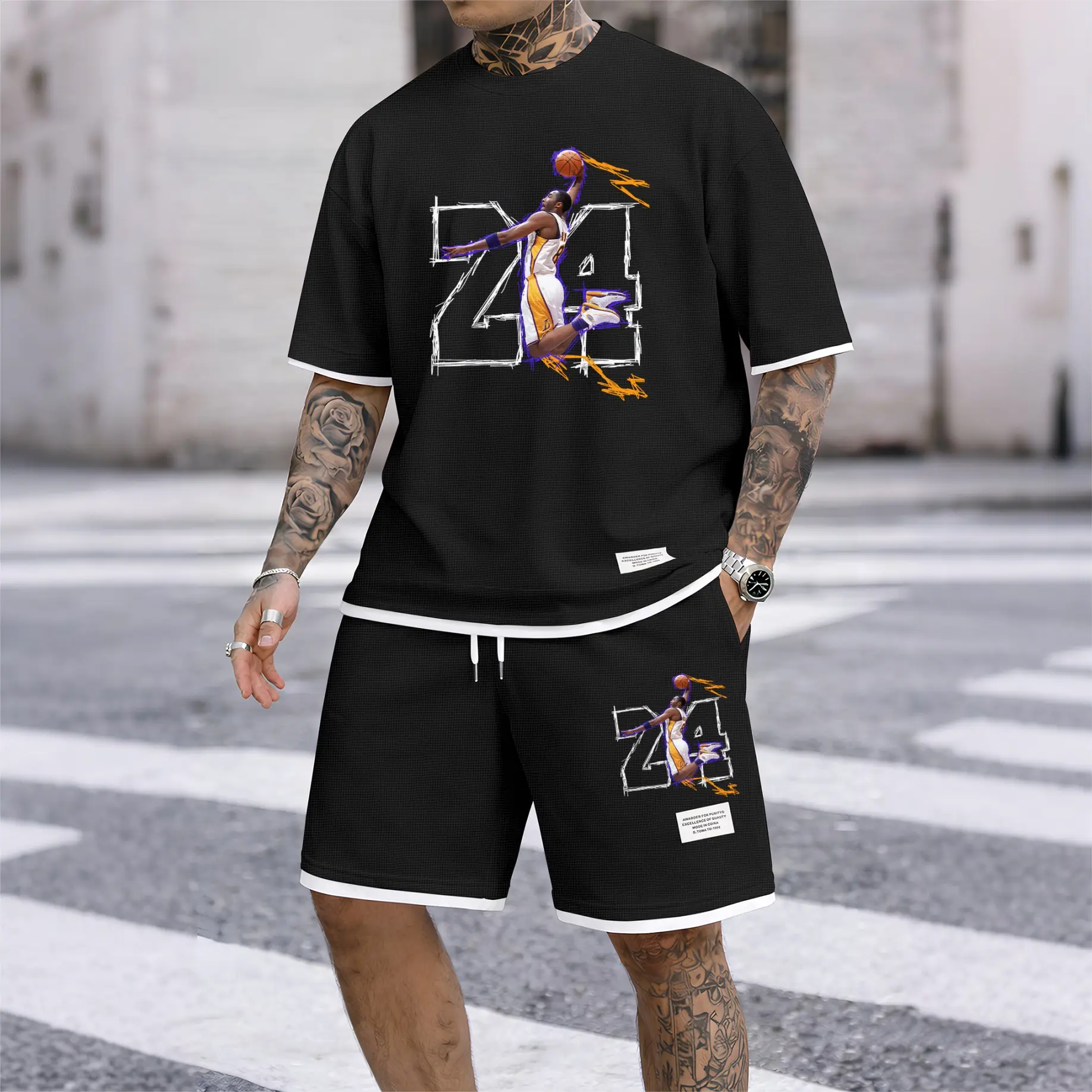 Men's No.24 Basketball Dunk Art Print Short Sleeve T-Shirt & Shorts Set, Summer Lightweight Waffle Sporty Casual Two-Piece Outfit, Streetwear for Basketball, Gym & Daily Wear