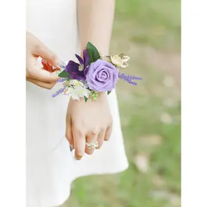 Rinlong Purple & Gold Wrist Corsage Wedding Flower Elegant Minimalist Bangle