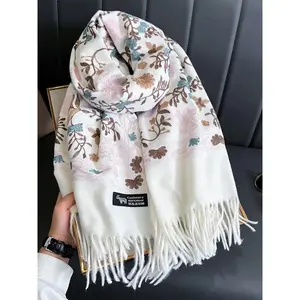 【3 FOR LESS】FAIABLE Double Sided Boho Floral Embroidery Shawl Luxurious Cashmere Blend Pashmina Scarf with Fringe,Gift for Her