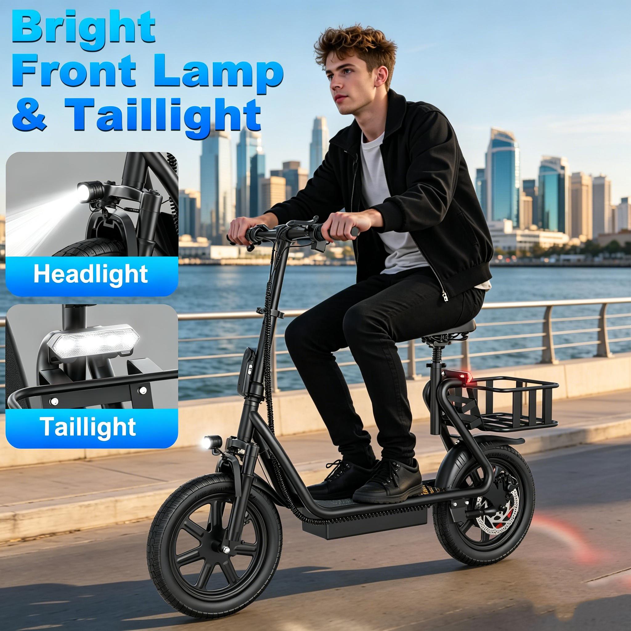 B Comfortable Seated Electric Scooter for Adults 48V 10.4Ah Battery Up to 22MPH Speed 21-27 Miles Range Pet-Friendly Design with Sturdy Rear Basket