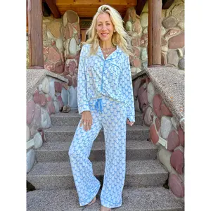 Blue Bow Wide Leg Pants Pajama Set