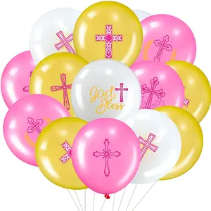 45 Pack Christening Balloons Decorations For Girls 12 Inch Baptism Balloons Cross God Bless Pink First Communion Supplies Religious Christian Balloon Decor For Boys Baby Shower Birthday Wedding