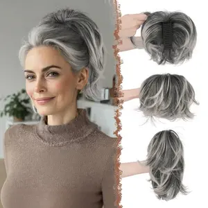 Claw Clip Short Ponytail Extensions - DIY Bendable Metals Fluffy Messy Bun Hair Piece Straight Synthetic Hairpieces Ponytail Extension for Women, Black Gray and White Tips