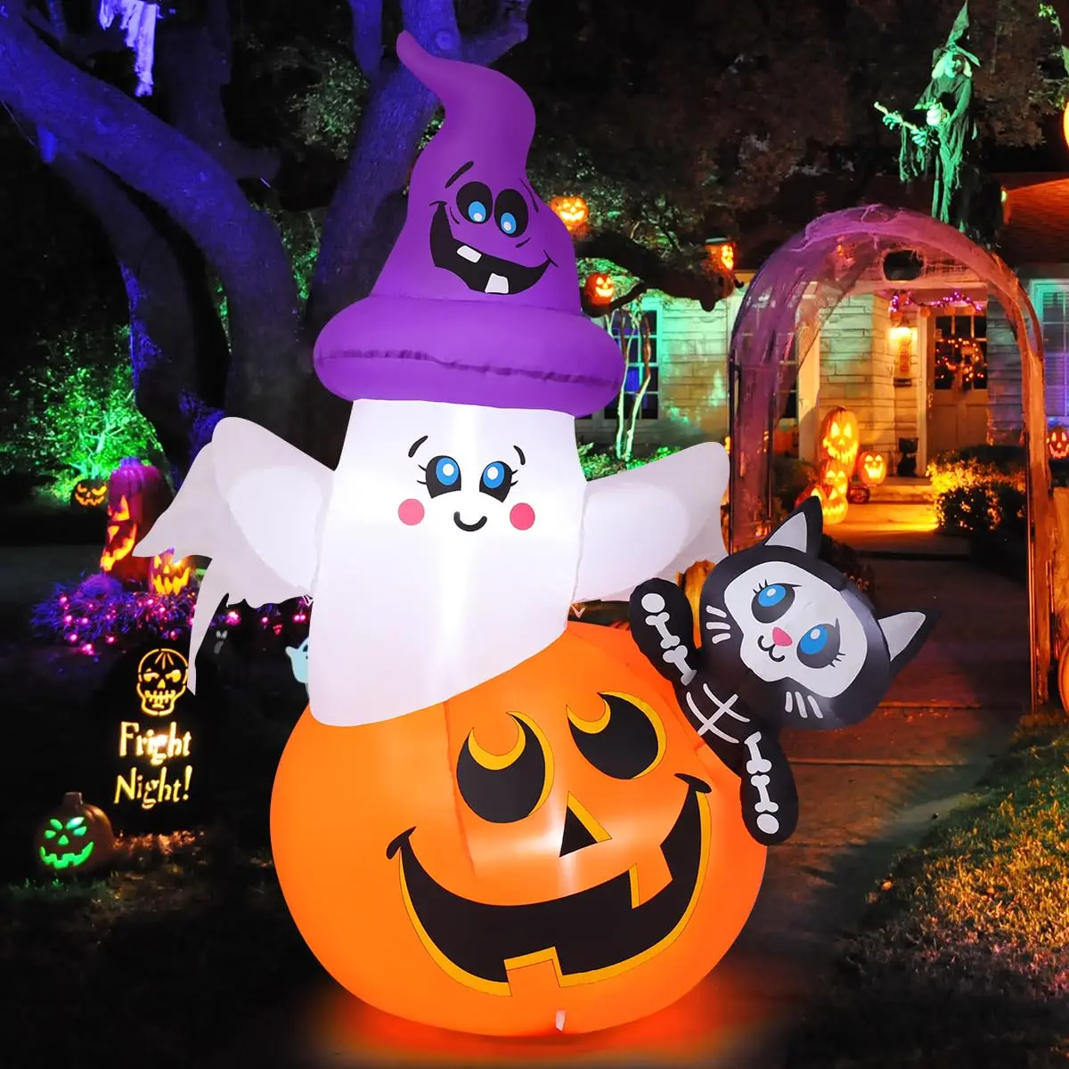 5 FT Halloween Inflatable Pumpkin Ghost Cat with Built in LED Lights, Blow Up Outdoor Yard Decoration for Lawn, Garden, Party and Haunted House Water Proof Spooky
