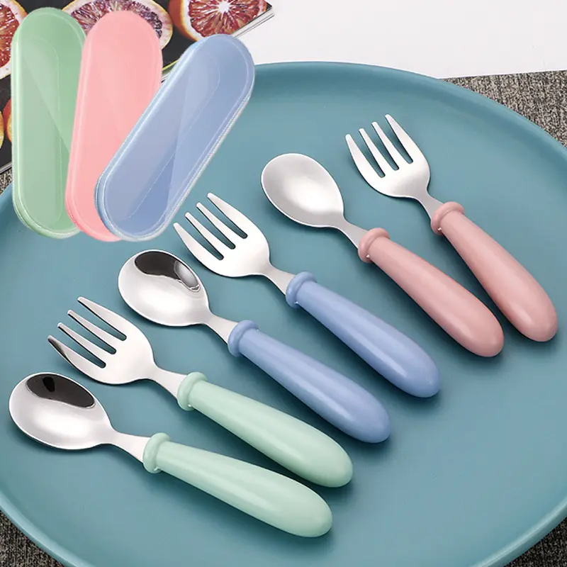 Set of 3 Mini Durable Stainless Steel Portable Cutlery Set, Feeding Cutlery, Pink, Blue & Green set, Includes Spoon and Fork, suitable for dining out and home use