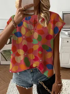 Summer Round Neck Short Sleeve Knit Top Blouse, Loose Fit Floral Print, Casual Elegant Commuter, Bikini Cover-Up, Women's Fashion, Womenswear
