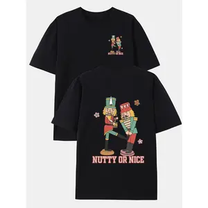 Delivered after Christmas-Nutcracker Soldier Double-Sided T-Shirt - "Nutty or Nice " Slogan Short Sleeve Christmas Tee
