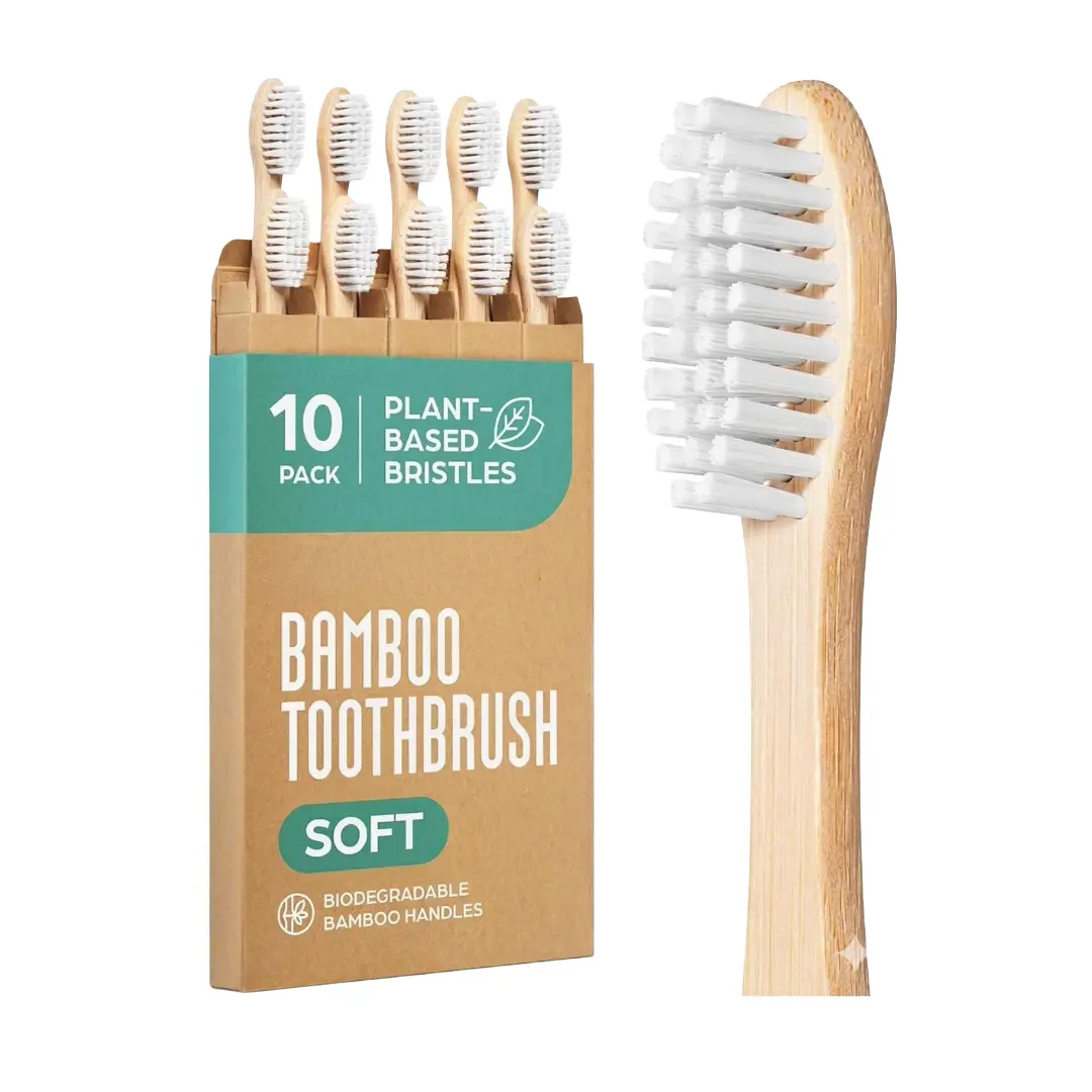 Bamboo Toothbrushes 10 Pack – Natural Toothbrushes, Plant-Based Soft Bristles – Eco-Friendly Wooden Toothbrush