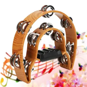 Double Row Metal Jingle Bell Handheld Tambourine, Semi-Circular Hand Shaker Musical Instrument, Handheld Percussion Drum with Ergonomic Handle, Instrument for KTV & Party, Wood Grain Finish