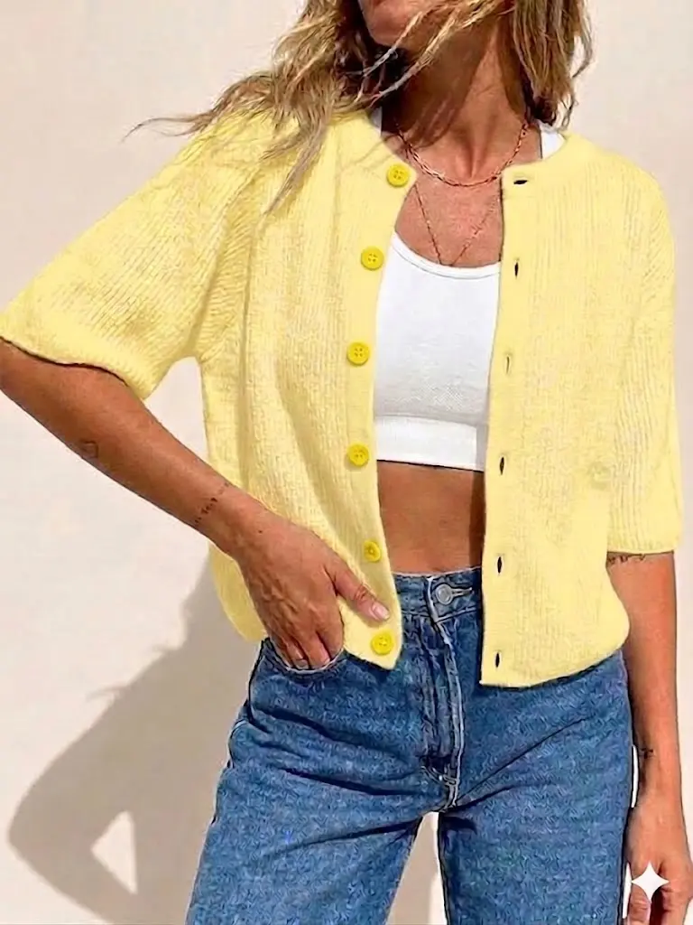 Fisoew Women's Oversized Ribbed Acrylic Short Sleeve Button-Front Cropped Cardigan - Stretchy, Breezy, Baggy Minimalist Basic Top for Summer Coffee Runs - Hang Dry Casual Going Out Wear