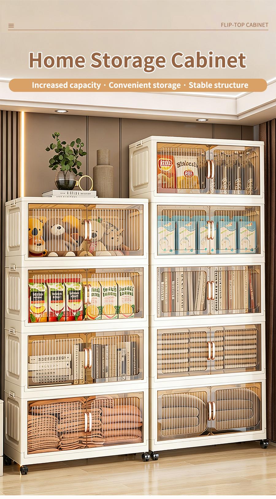 No Assembly Required Foldable Storage Cabinet with Wheels, Large Capacity Double Door Dustproof Closet Organizer for Bedroom, Small Apartment, Rental Home