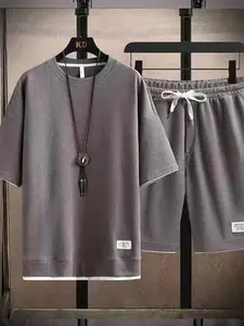 Men's Summer Waffle Set, Pure Color Minimalist Design, Loose Breathable Two-Piece, Comfortable Casual Wear