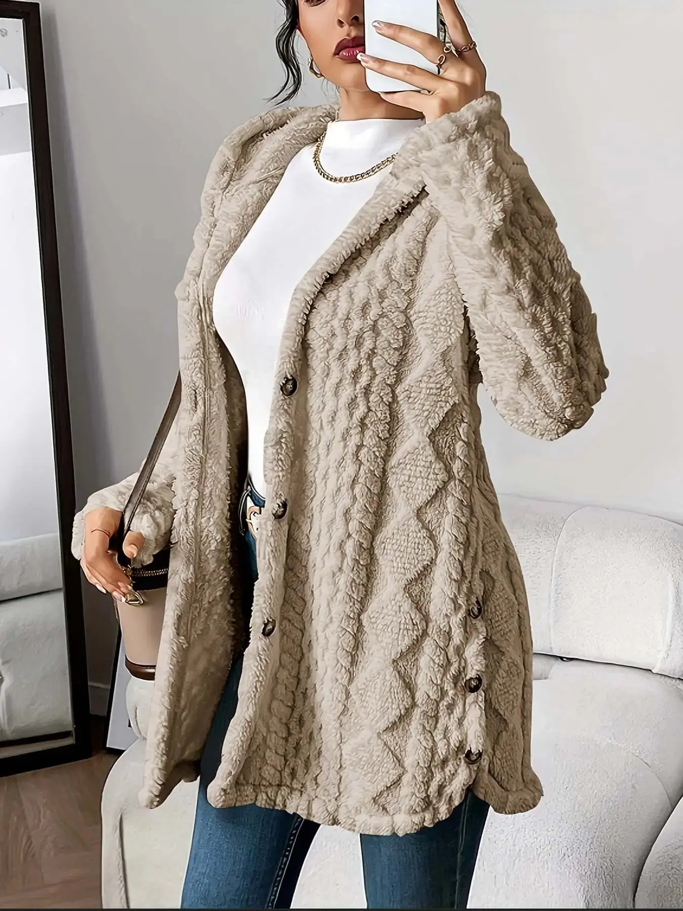 Women's LUXEHAEVEN Warm Hooded Knit Cardigan Coat - Polyester Knitting Fabric, Long Sleeve Knitwear, Casual Fit, Button-Front, Side Slit Design