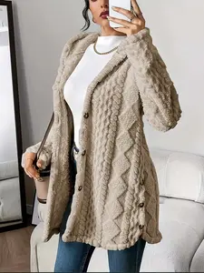 Women's LUXEHAEVEN Warm Hooded Cardigan Coat, Casual Fit, Button-Closure, Sleeved Design, Side Slit Detail