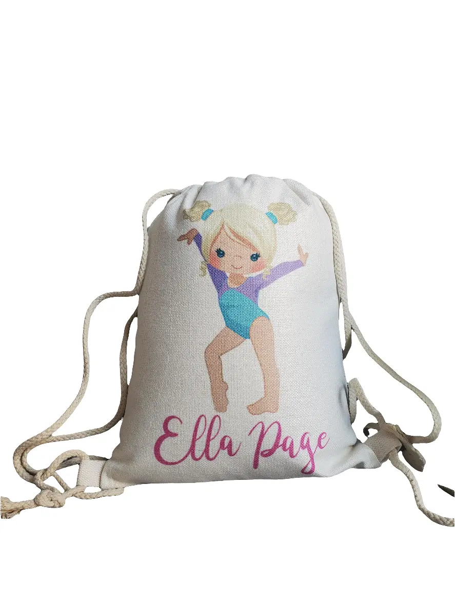 Gymnast Linen Tote or Backpack with Ella Page Design and Ribbons Personalized Cartoon Pattern for Gymnasts