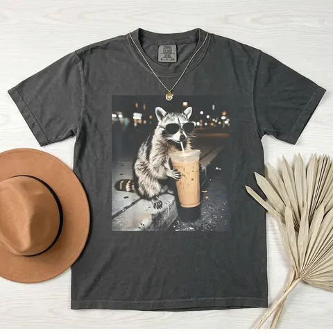 Comfort Colors Raccoon Drinking Iced Coffee Shirt | Funny Animal Meme Tee | Coffee Lover Raccoon Shirt | Comfort Colors Tshirt, Unisex Graphic T Shirt