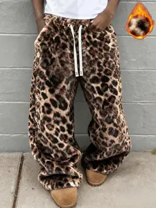 Men's Street Style Striped & Leopard Print Loose Fit Pants, Elastic Waist Knit Sweatpants, Reversible Fleece, Casual Loose Baggy Outdoor Pants, Casual Fall Winter