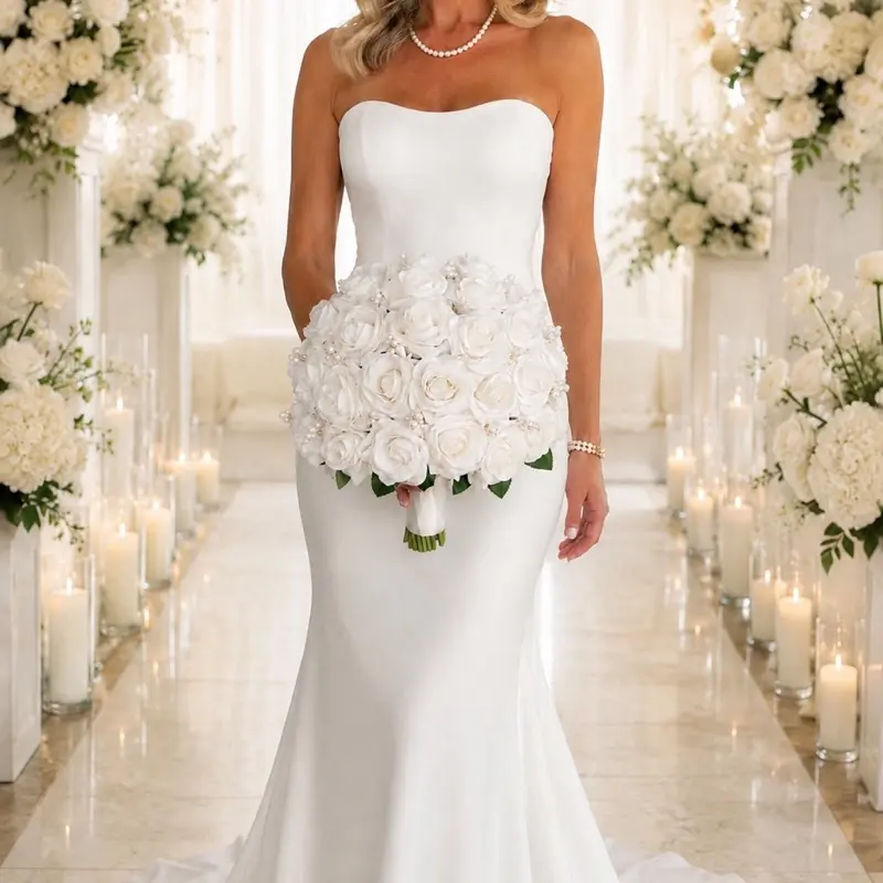 Luxury Pearl Rose Bridal Bouquet & Matching Groom Boutonniere Set