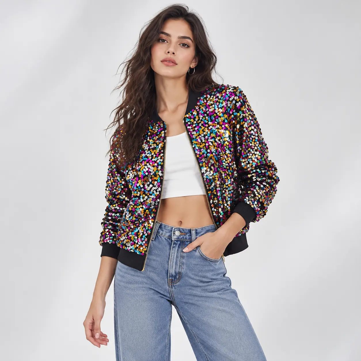 Women's Colorful Sequin Bomber Jacket, Full Sparkly Multicolor Sequin Zip Up Coat, Stand Collar Long Sleeve Party Outerwear for Nightclub Concert Holiday